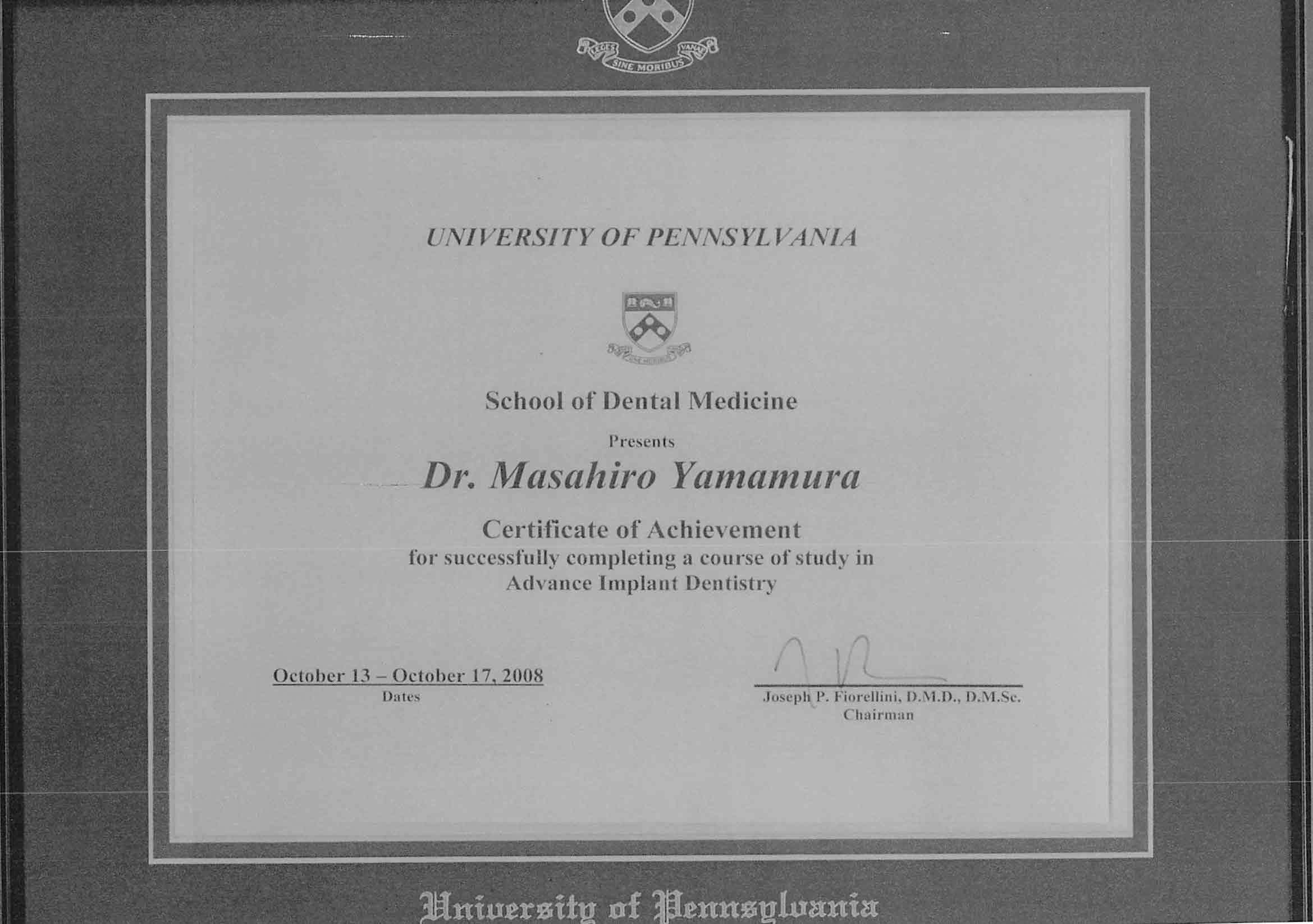 University of Pennsylvania Advance Implant Dentistry 修了証